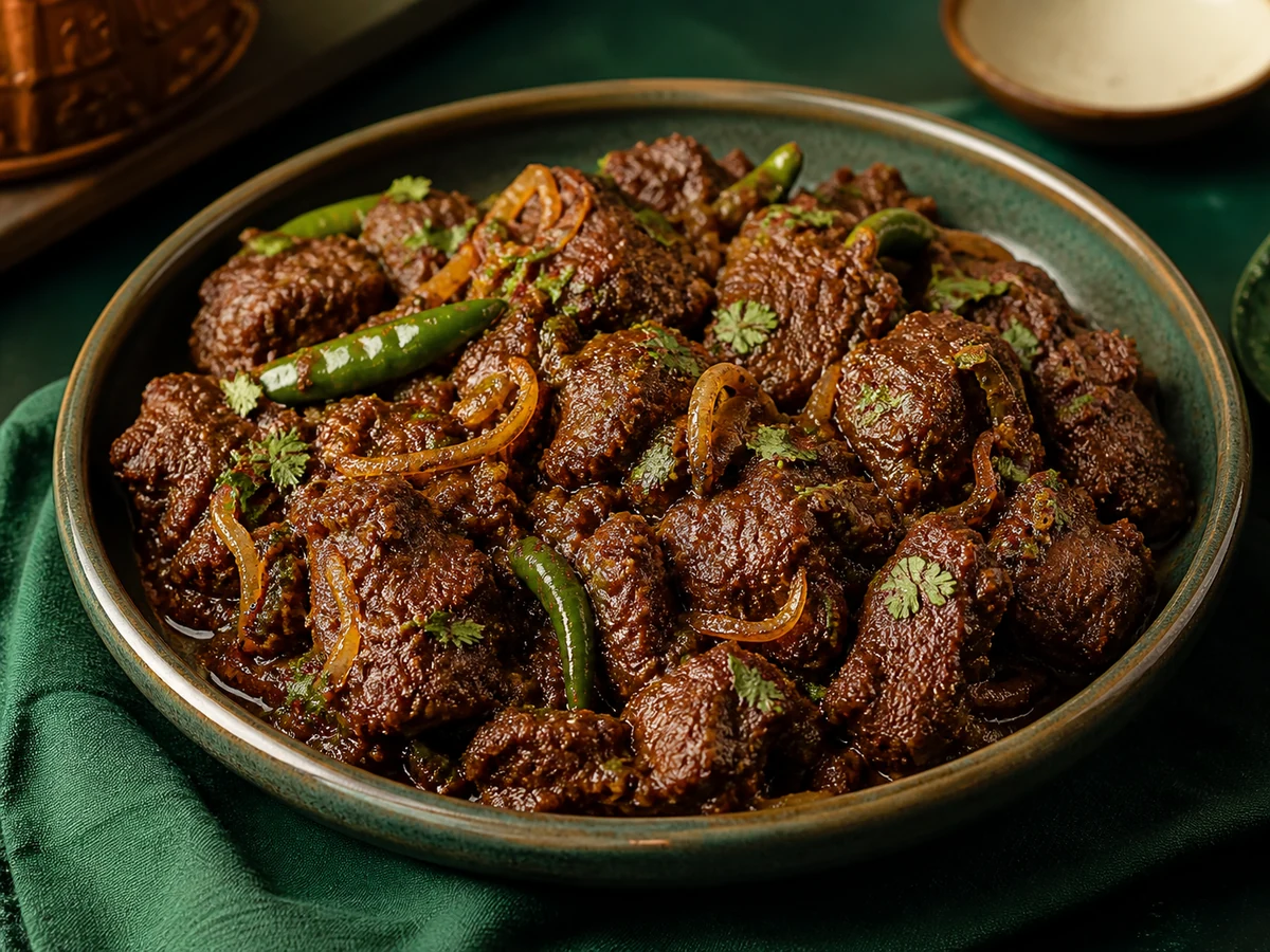 Rich Bangladeshi beef bhuna with caramelized onions and green chilies