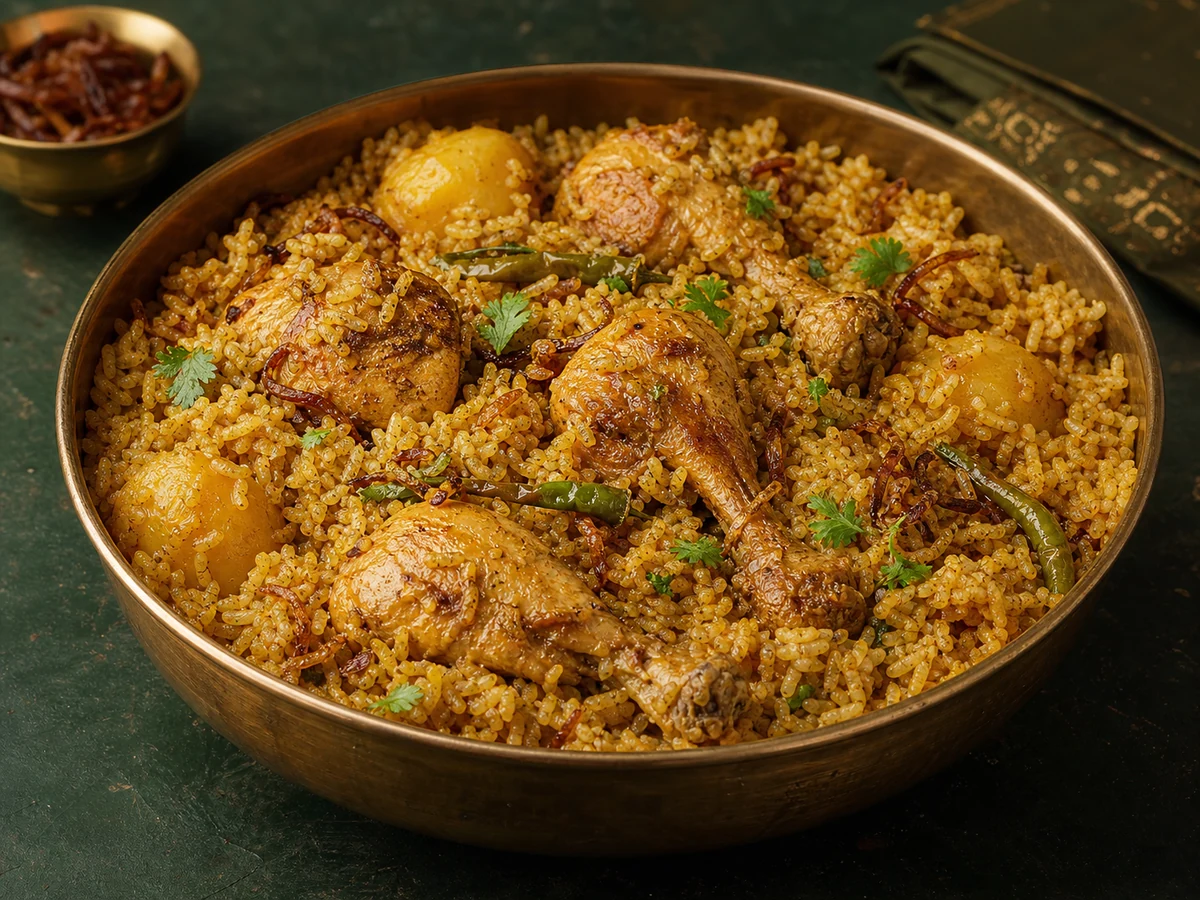 Dhaka-style chicken tehari with fragrant rice and fried onions