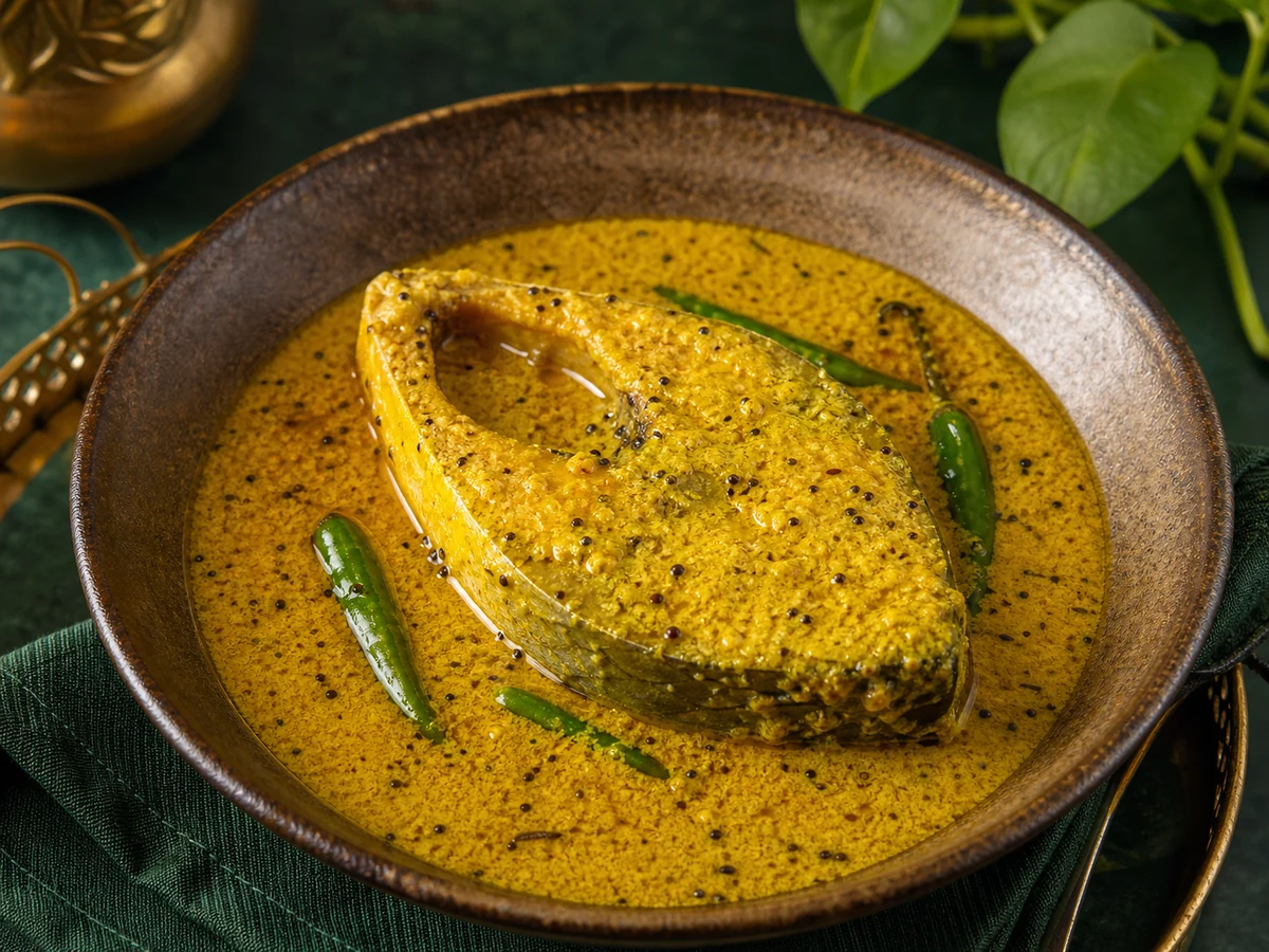 Hilsa fish in Bengali mustard sauce with green chilies