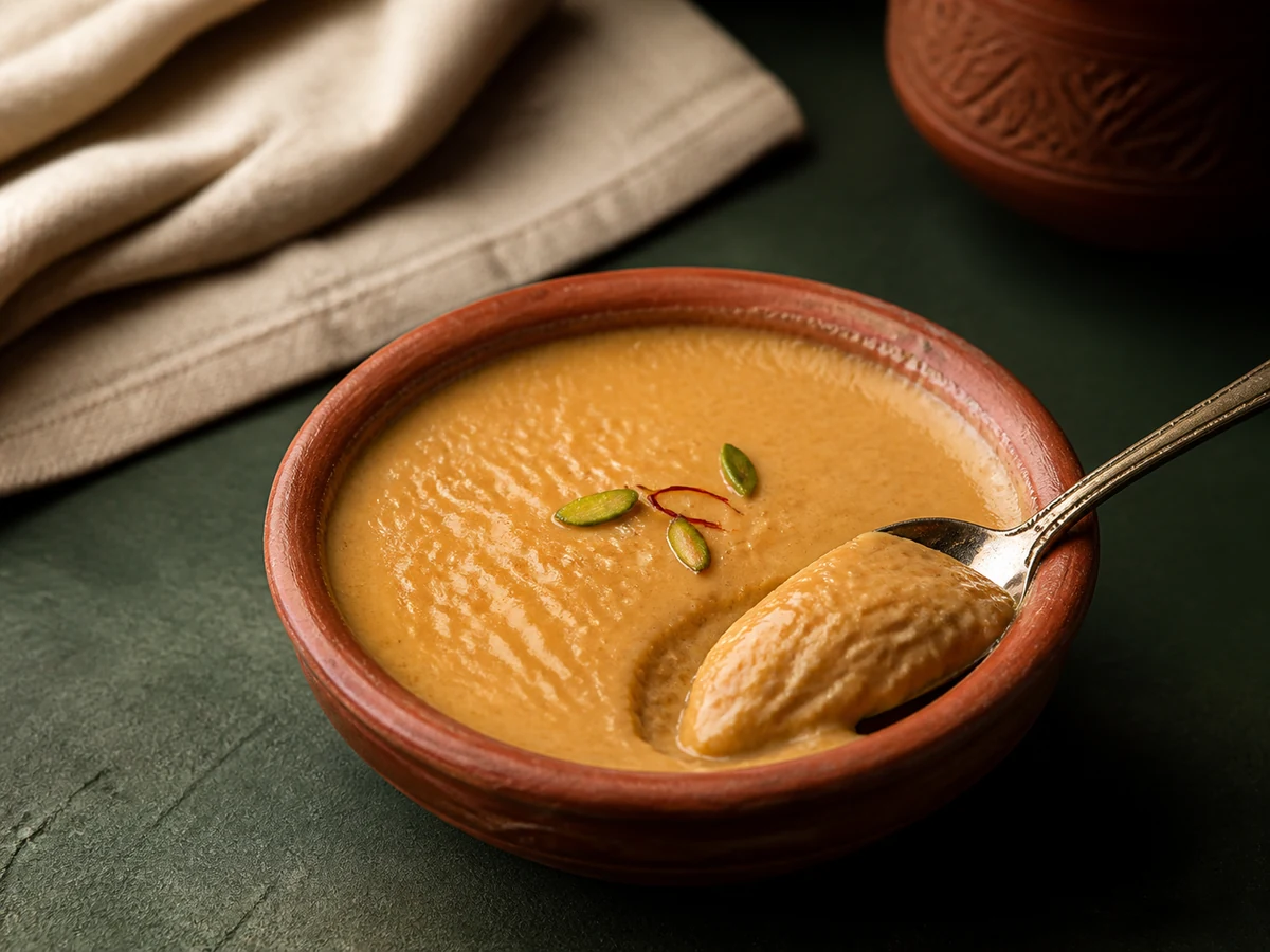 Caramel-toned mishti doi served in a traditional clay pot