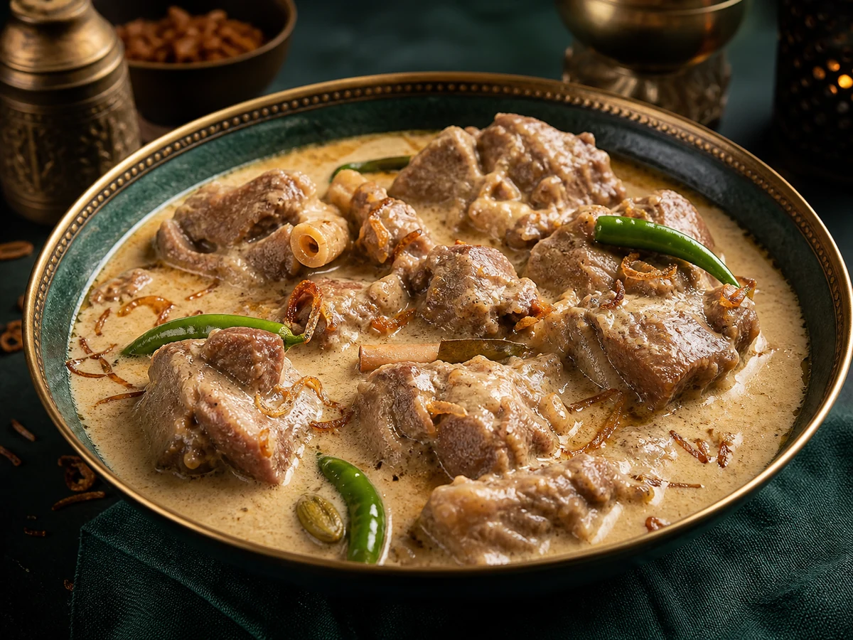 Creamy Bengali mutton rezala garnished with aromatic spices