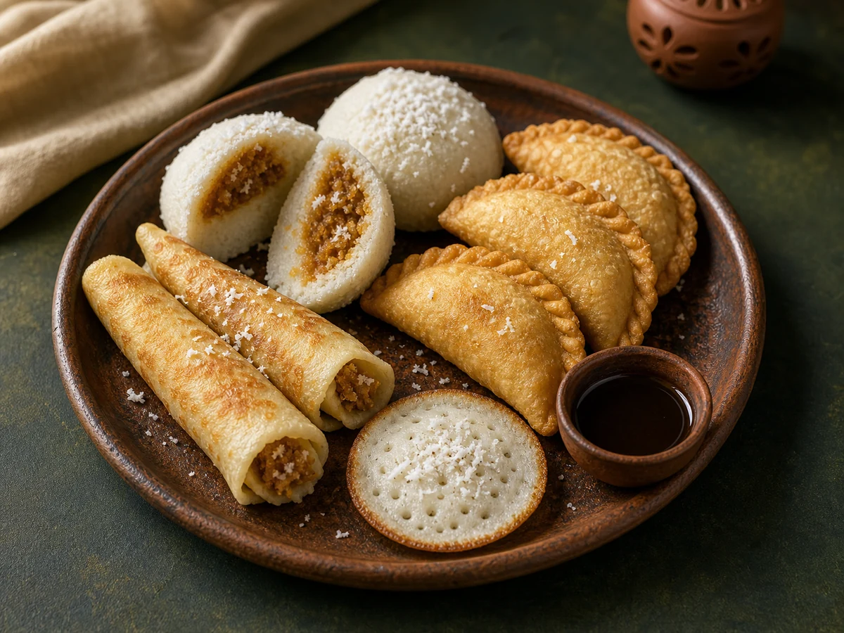 Traditional Bengali pitha assortment with coconut and date molasses