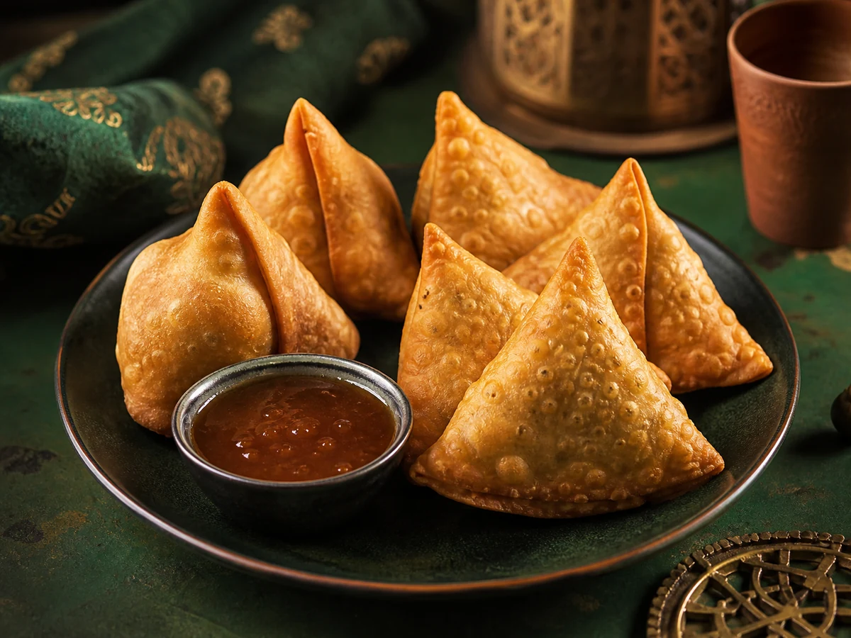Golden shingara and samosa served with tamarind chutney